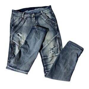 Imperious Mens Streetwear 32x32‎ Moto Biker Jeans Distressed Ribbed Slim Fit